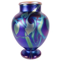 Vintage Orient & Flume Favrile Studio Art Glass Vase Blue Heart & Vine, 1976