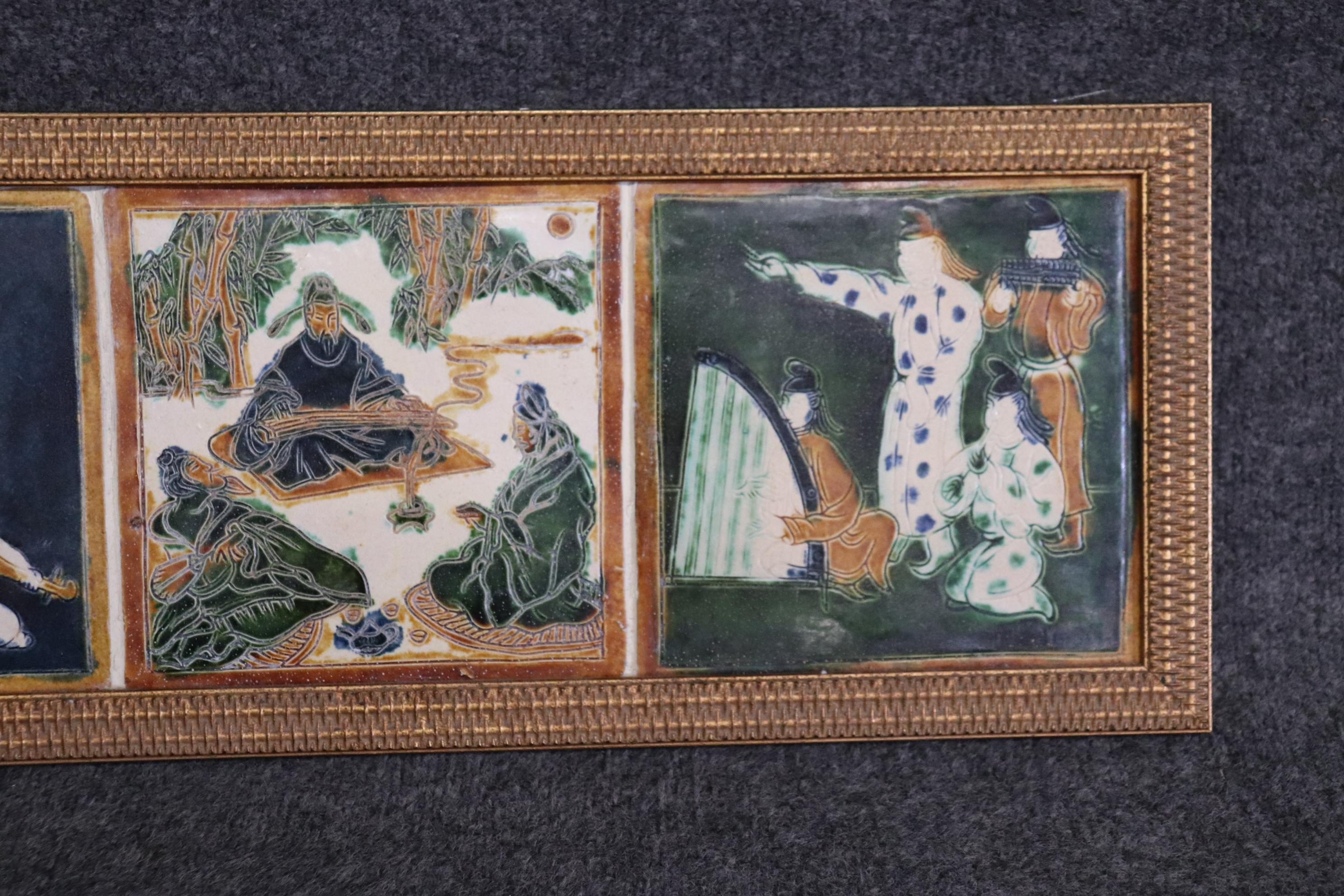 Unknown Vintage Oriental 3 Paneled Ceramic Tile Wall Art With Gilt Frame For Sale