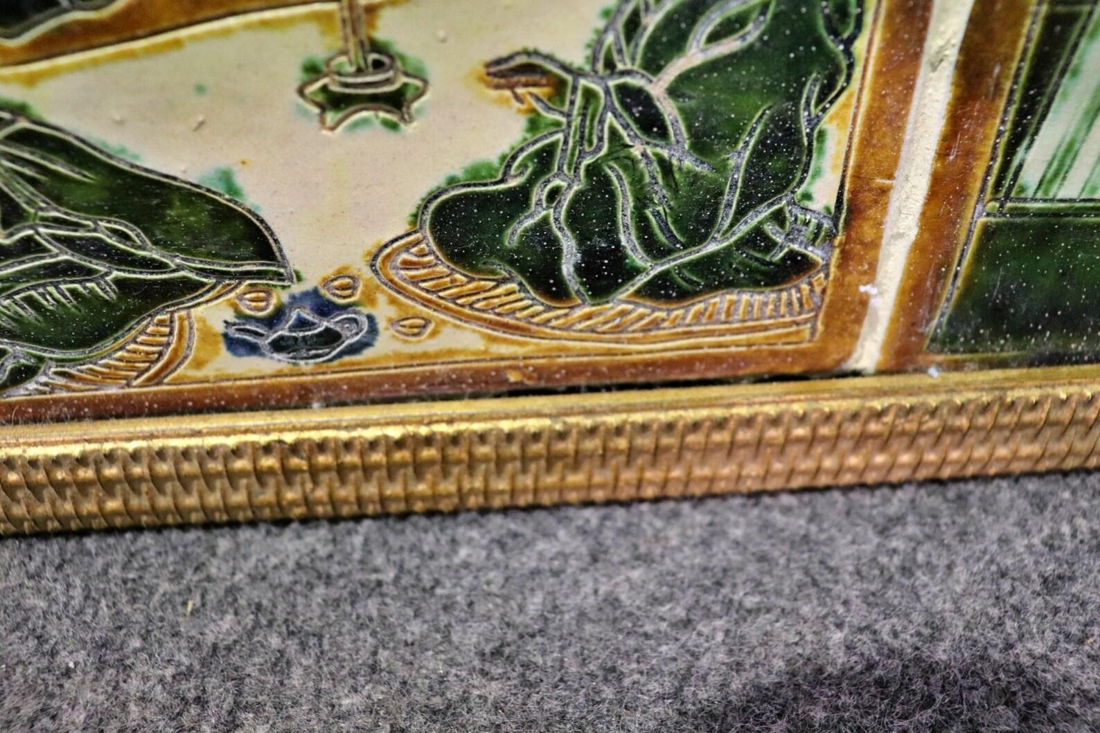 Vintage Oriental 3 Paneled Ceramic Tile Wall Art With Gilt Frame For Sale 1