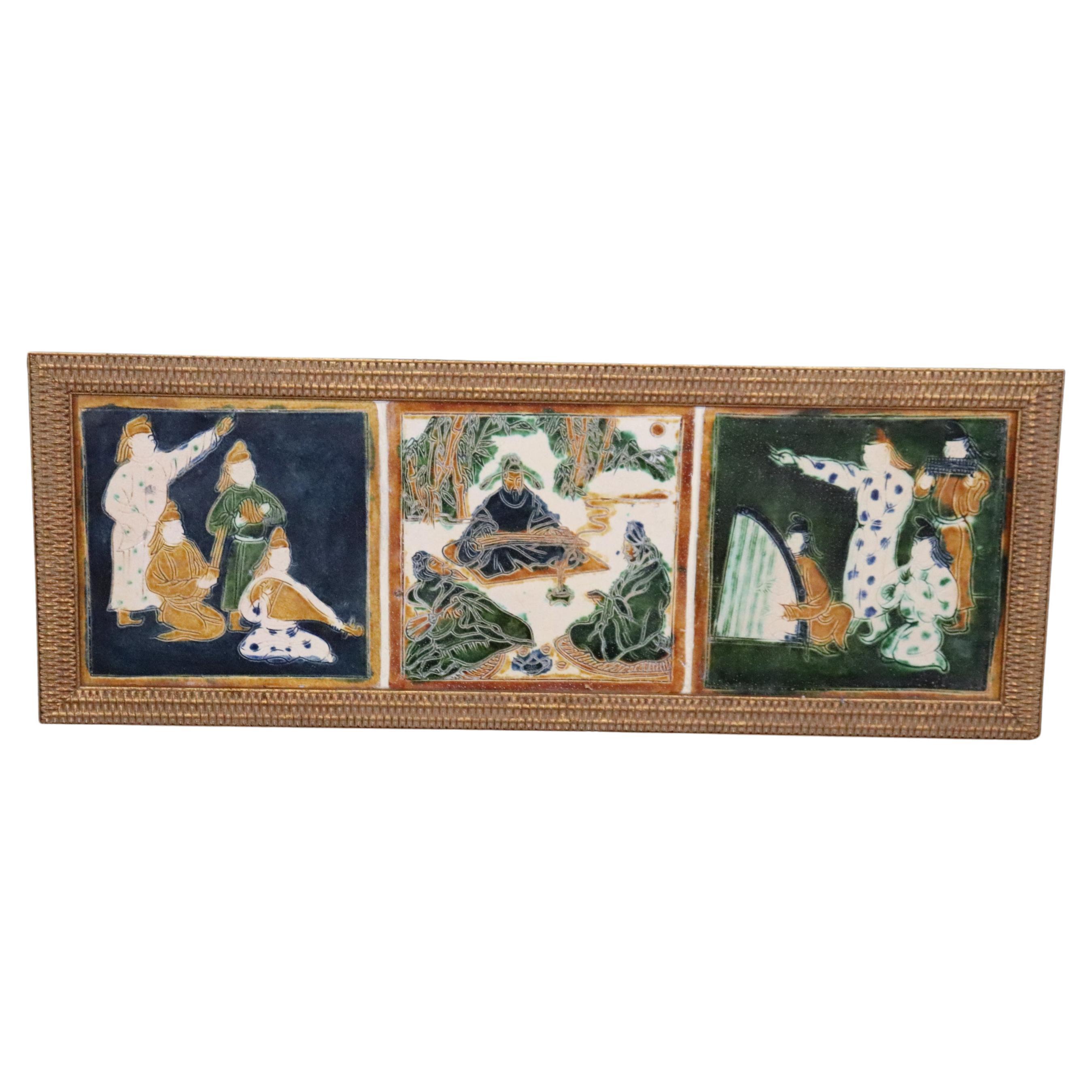 Vintage Oriental 3 Paneled Ceramic Tile Wall Art With Gilt Frame For Sale