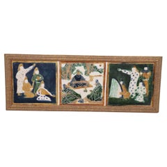 Vintage Oriental 3 Paneled Ceramic Tile Wall Art With Gilt Frame
