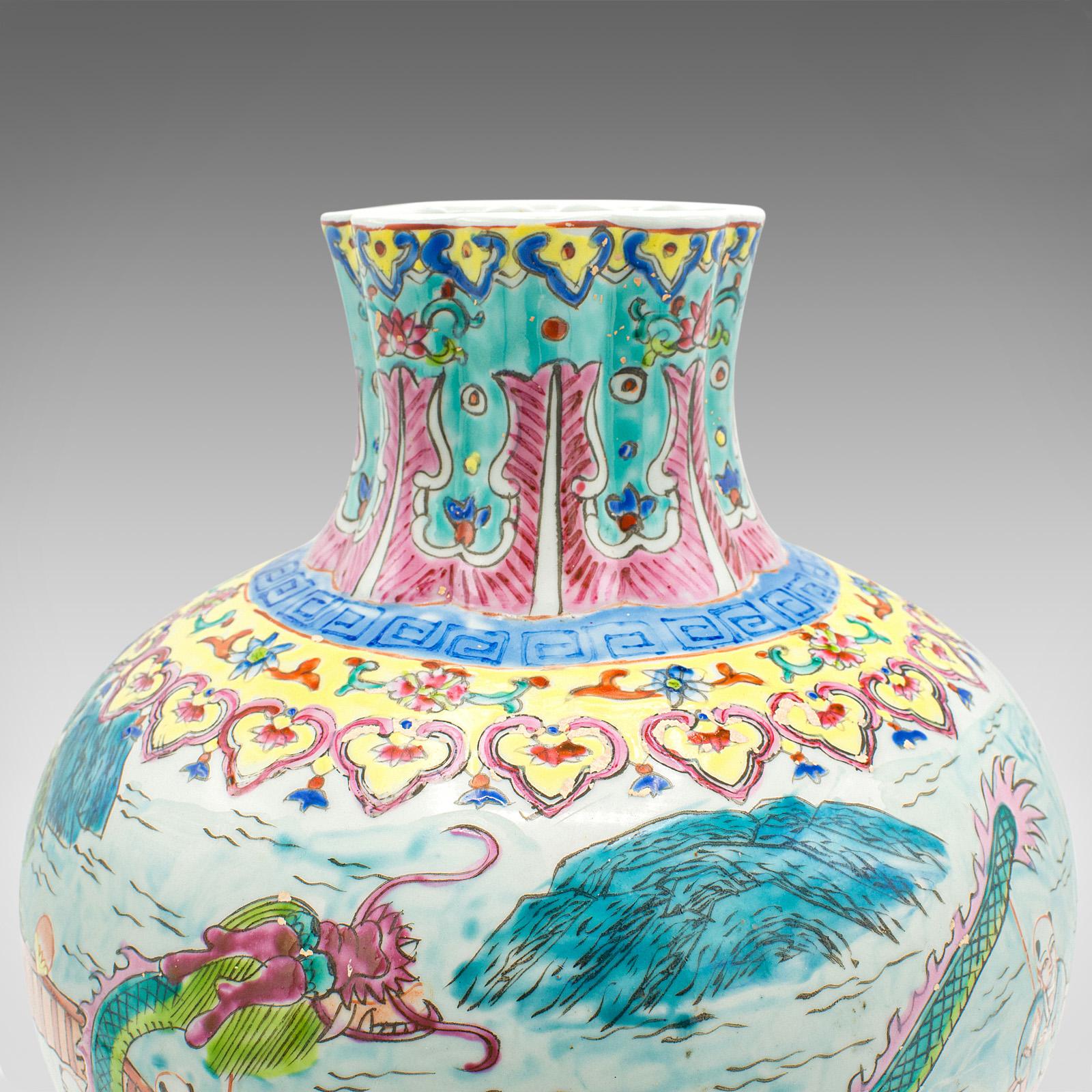 Vintage Oriental Baluster Vase, Chinese Ceramic Flower Urn, Polychrome, Art Deco For Sale 13