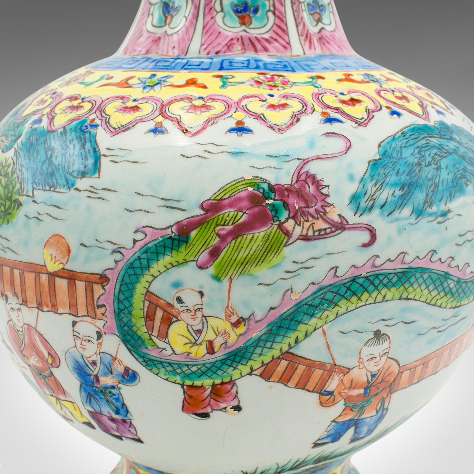 Vintage Oriental Baluster Vase, Chinese Ceramic Flower Urn, Polychrome, Art Deco For Sale 14