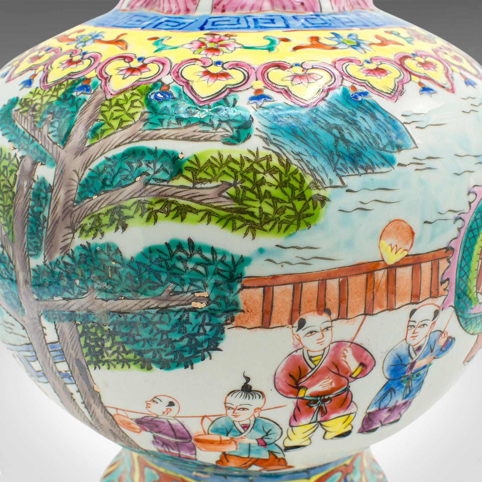 Vintage Oriental Baluster Vase, Chinese Ceramic Flower Urn, Polychrome, Art Deco For Sale 15