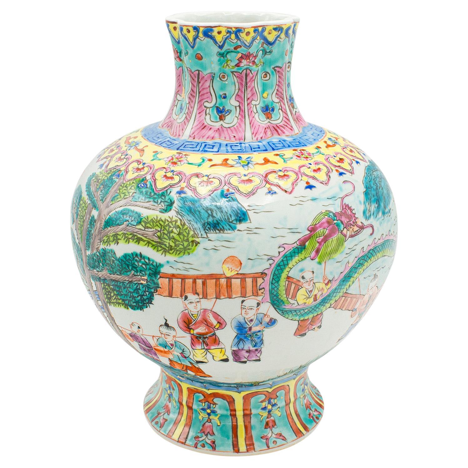 Vase balustre oriental vintage, urne à fleurs en céramique chinoise, polychrome, Art déco