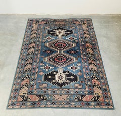 Vintage Oriental Blue Kazak Rug with geometrical pattern in baby blue, 100% wool
