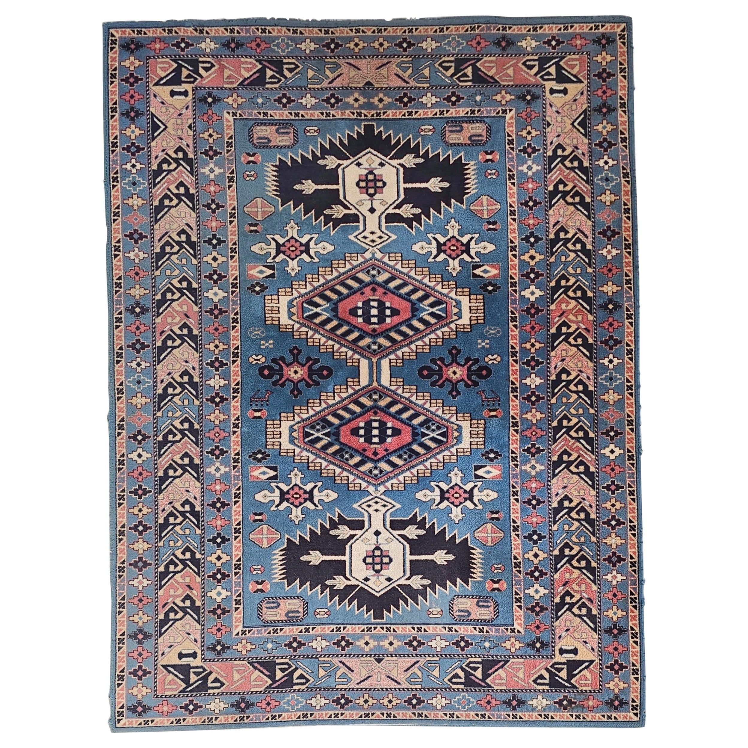 Tapis vintage oriental bleu Kazak avec motif géométrique en bleu bébé, 100 % laine