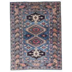 Tapis vintage oriental bleu Kazak avec motif géométrique en bleu bébé, 100 % laine