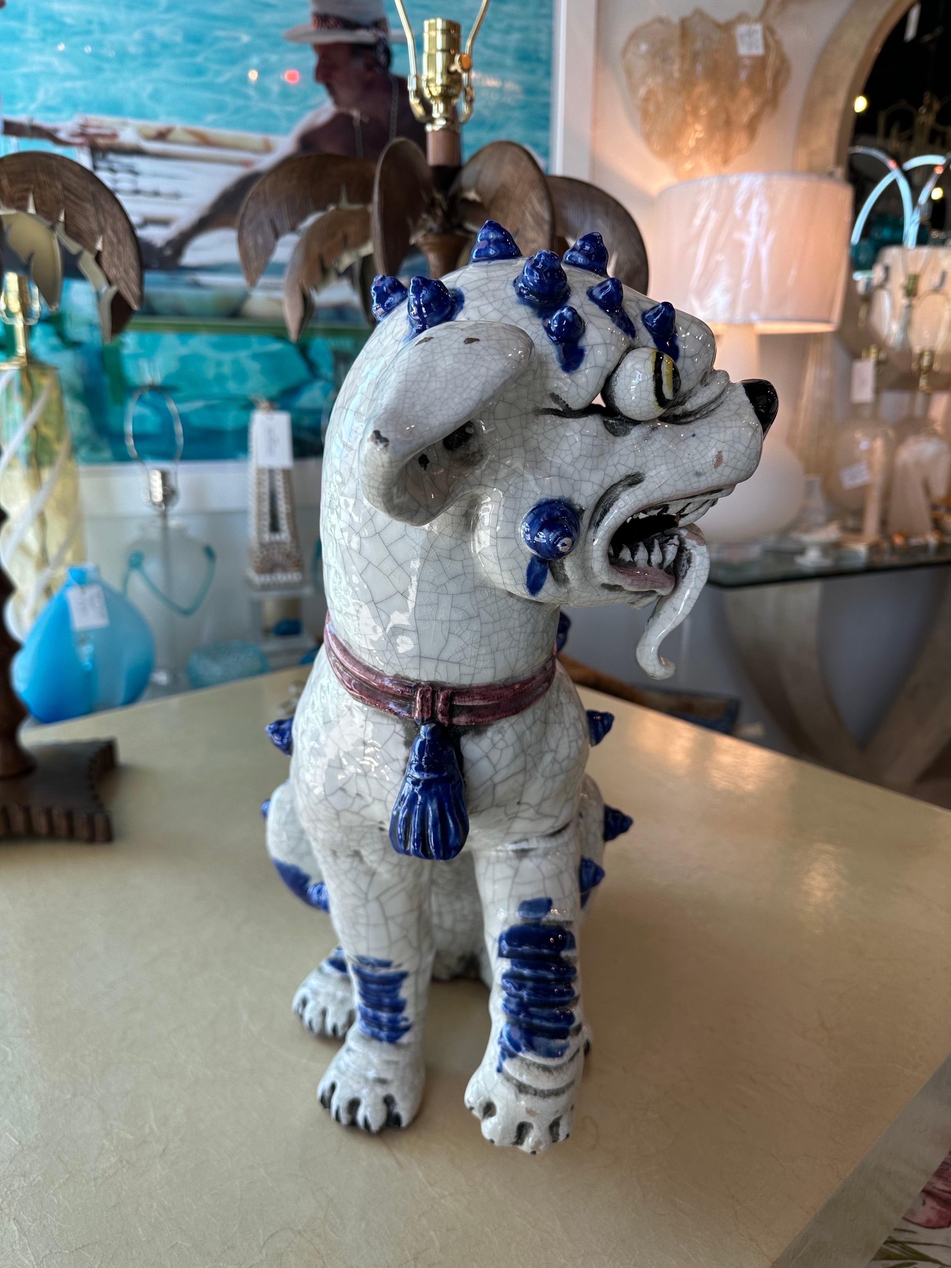 Vintage Oriental Blue & White Large Foo Dog Terracotta Porcelain For Sale 9