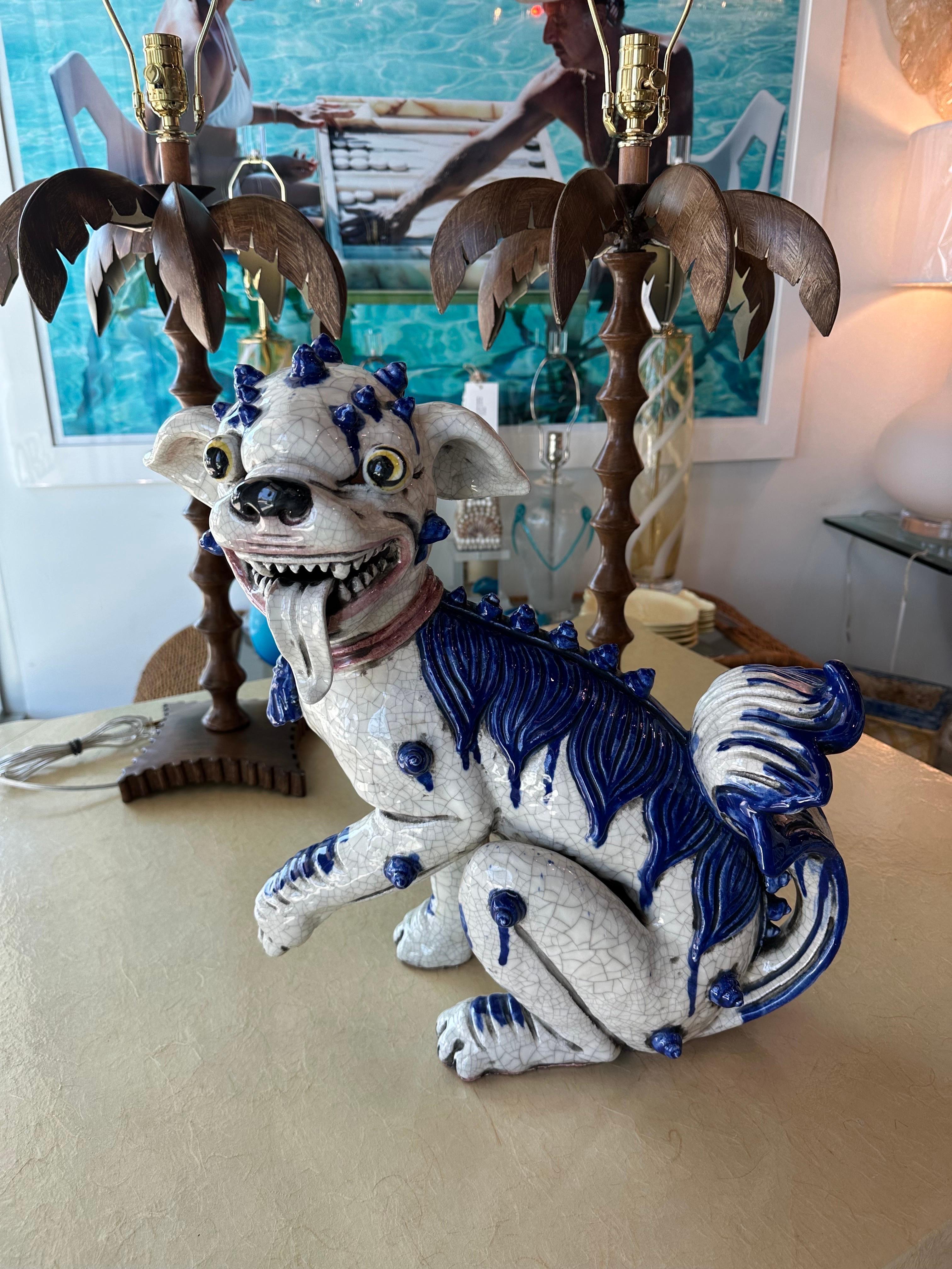 Beautiful vintage blue & white foo dog. No chips or breaks. Incredible details. Dimensions: 18 H x 16 W x 9 D.