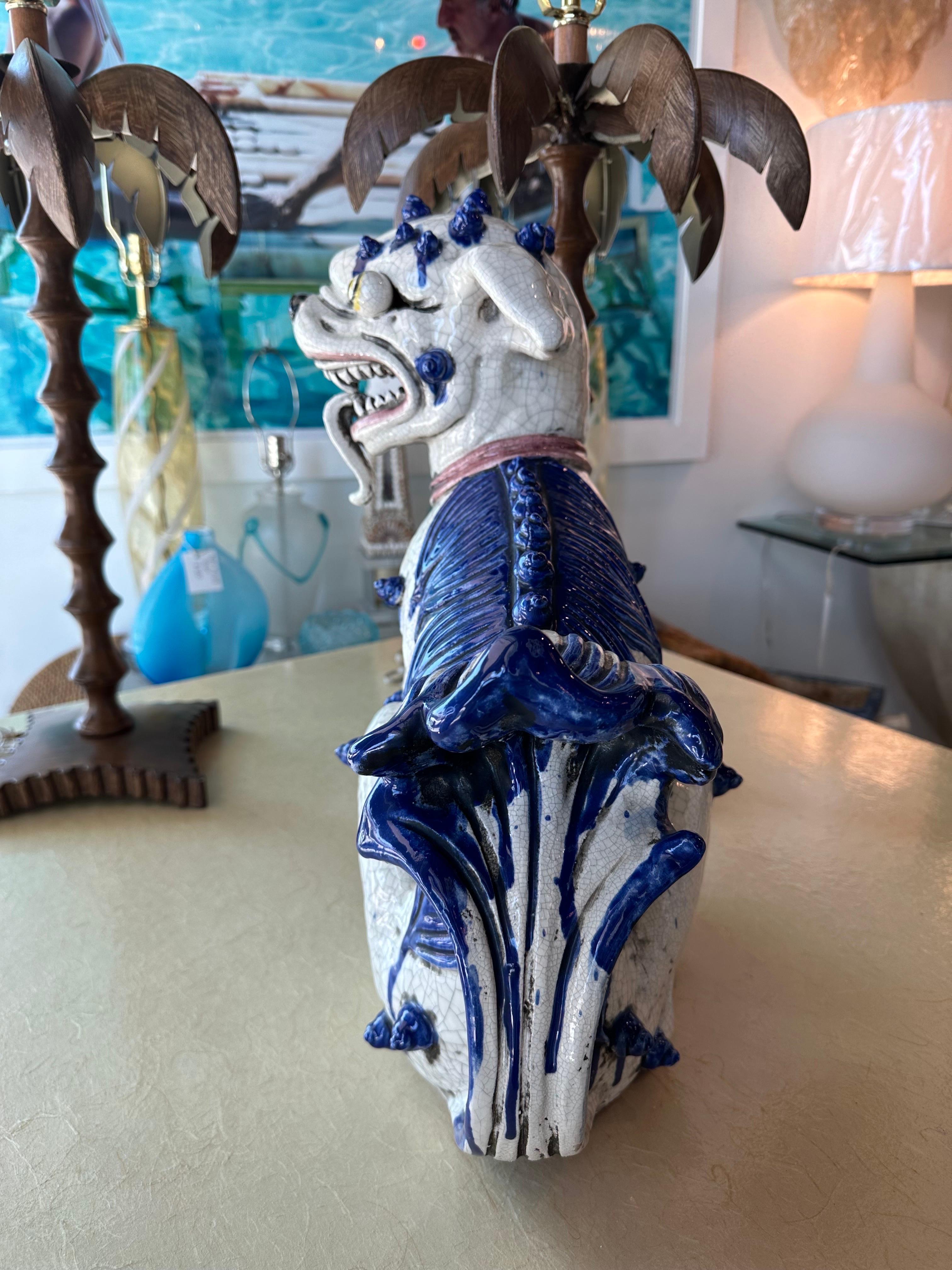 Hollywood Regency Vintage Oriental Blue & White Large Foo Dog Terracotta Porcelain For Sale