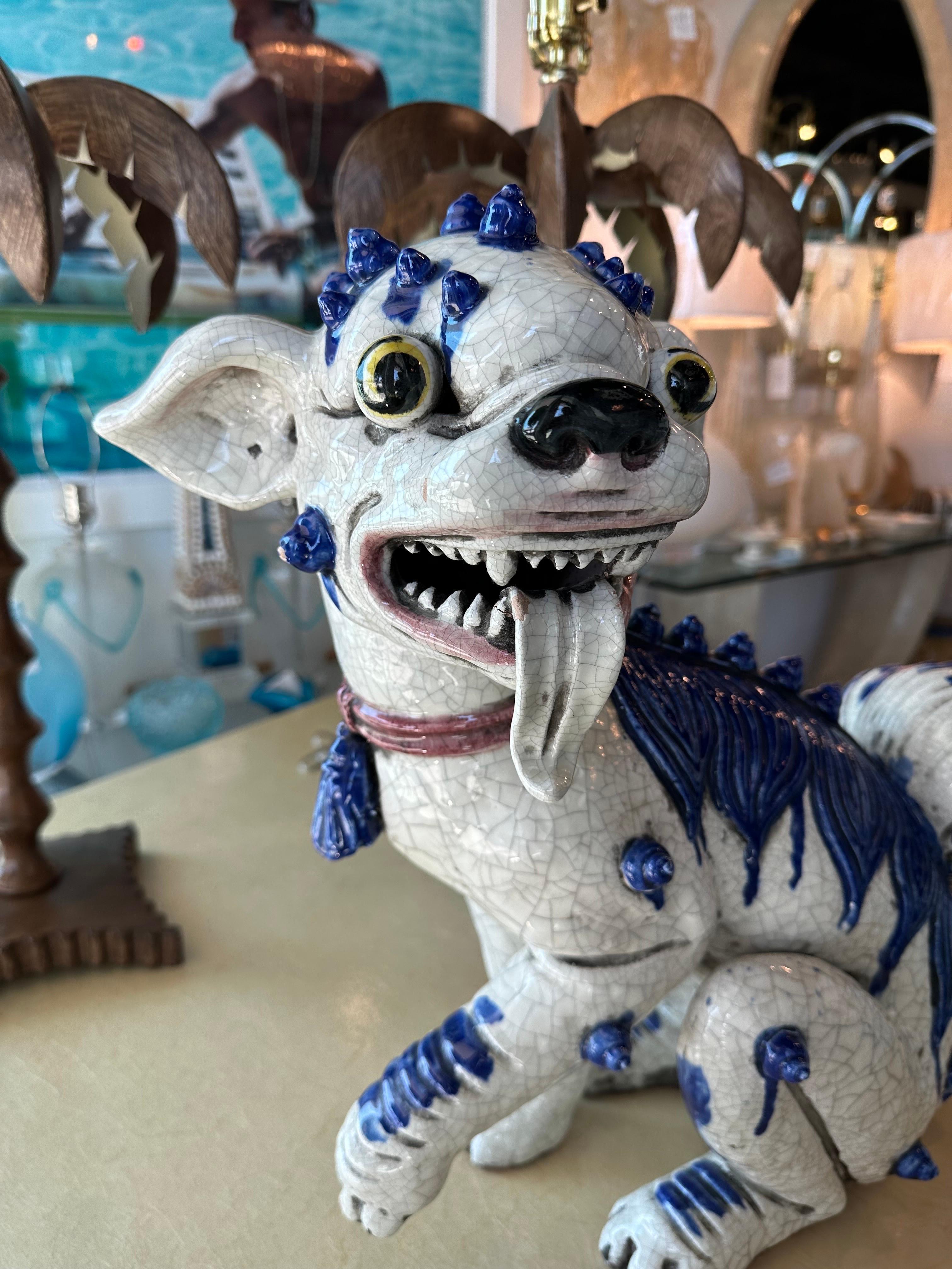 Hollywood Regency Vintage Oriental Blue & White Large Foo Dog Terracotta Porcelain For Sale