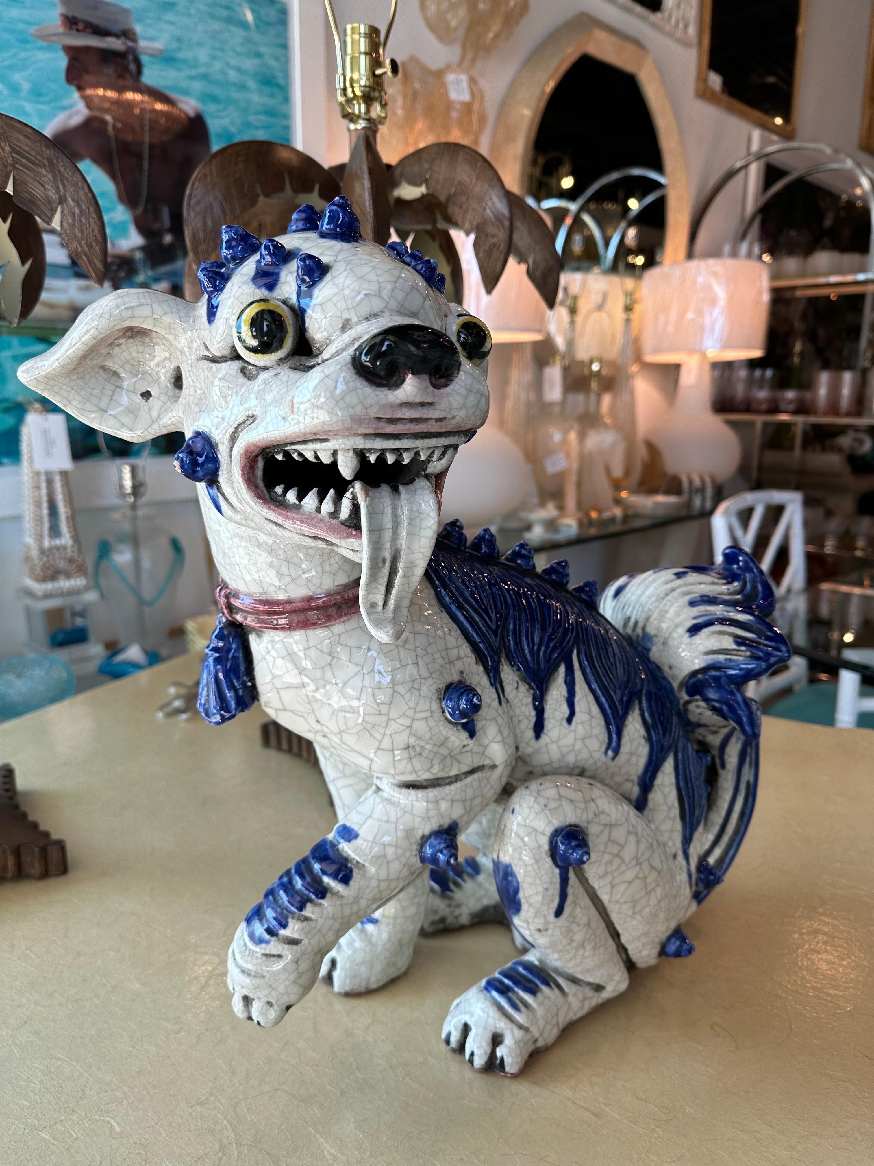 Mid-20th Century Vintage Oriental Blue & White Large Foo Dog Terracotta Porcelain For Sale