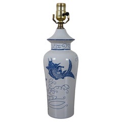 Vintage Oriental Blue & White Porcelain Flying Fish Table Lamp Chinoiserie