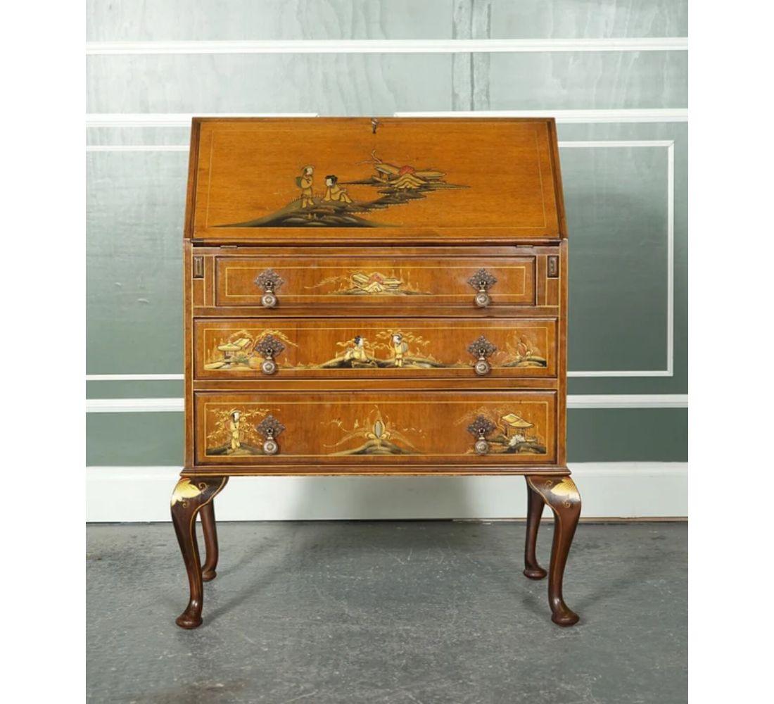 British Vintage Oriental Bureau Inlaid Chinoiserie Hand Painted Mahogany Writing Desk