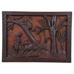 Vintage Oriental Carved Mahogany Bas Relief Folk Art Hunting Panel Plaque 16"