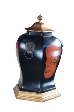Vintage Oriental Ceramic Black & Gold Chinoiserie Lion Head Ginger Jar Vase Urn