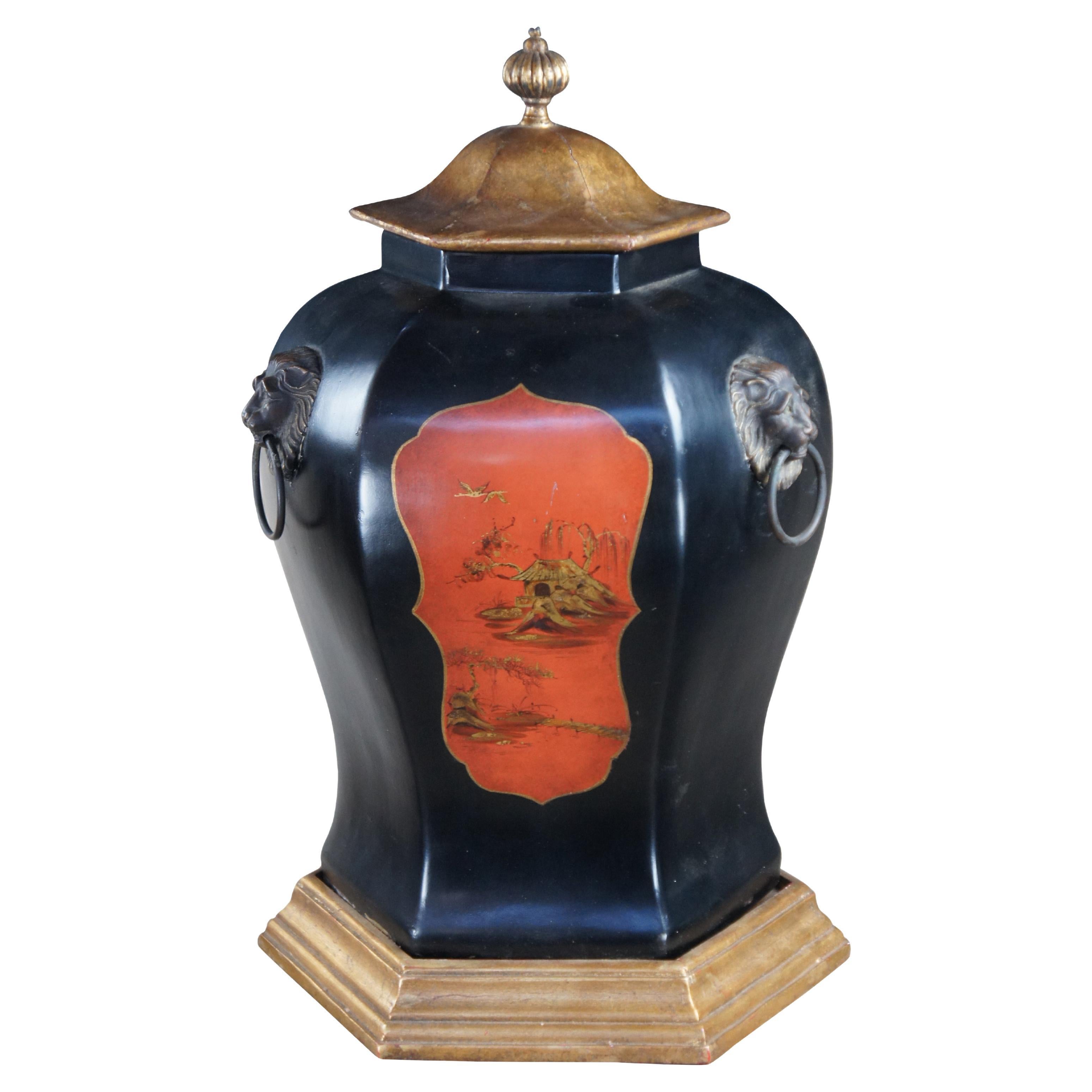 Vintage Oriental Ceramic Black & Gold Chinoiserie Lion Head Ginger Jar Vase Urn