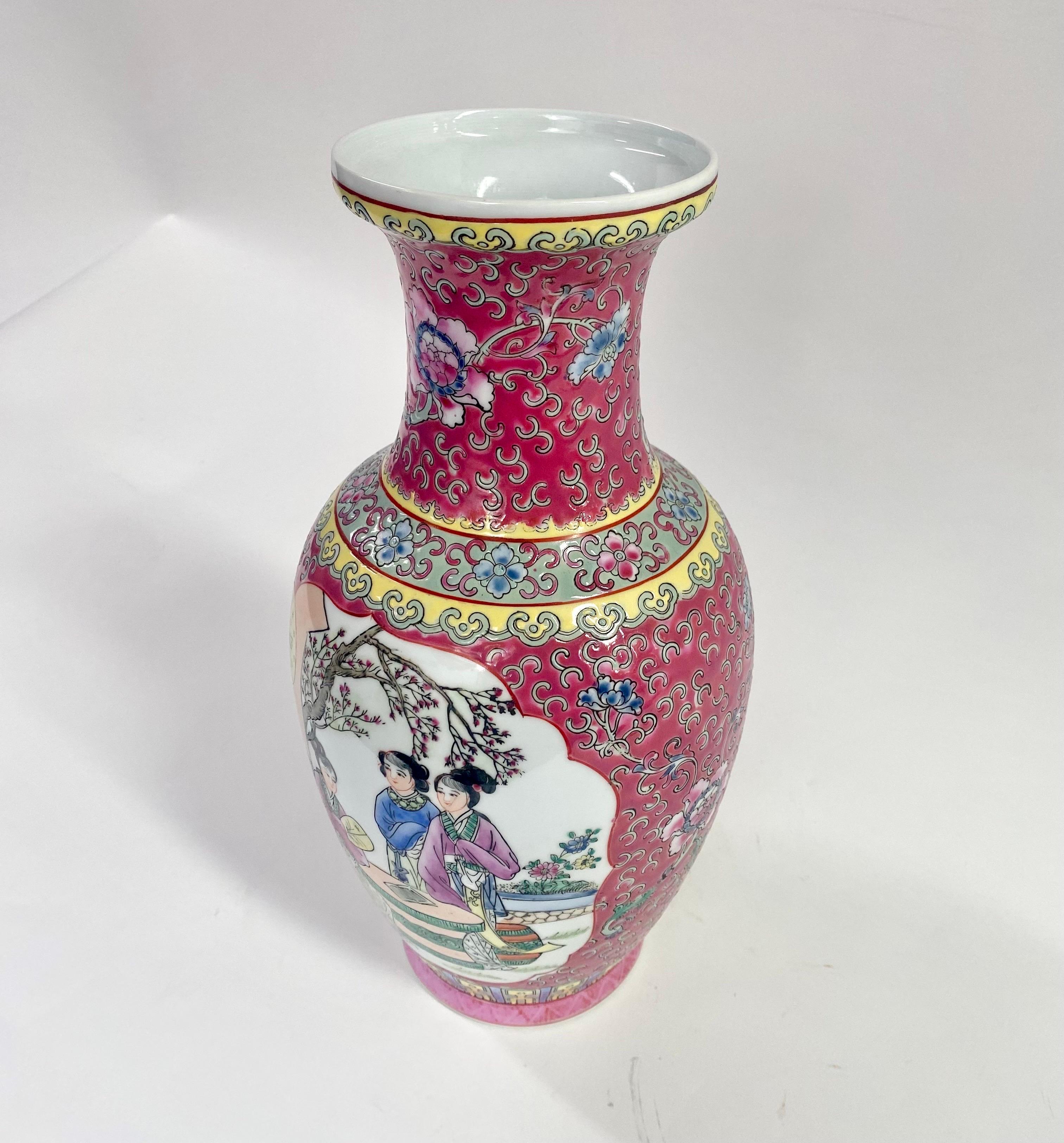 Vintage Oriental Ceramic Vase with Ladies in the Garden Design For Sale 5