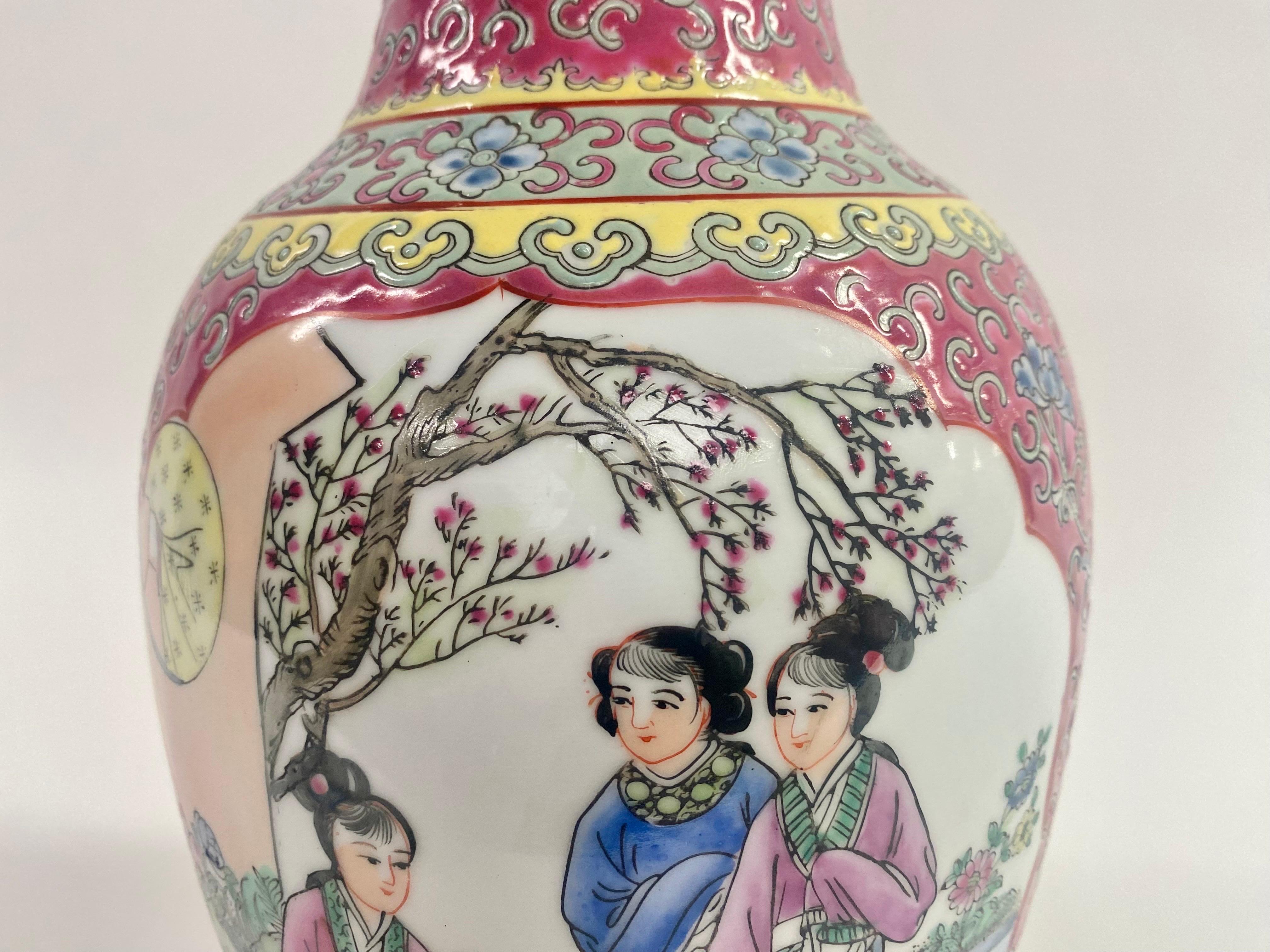 Vintage Oriental Ceramic Vase with Ladies in the Garden Design For Sale 7