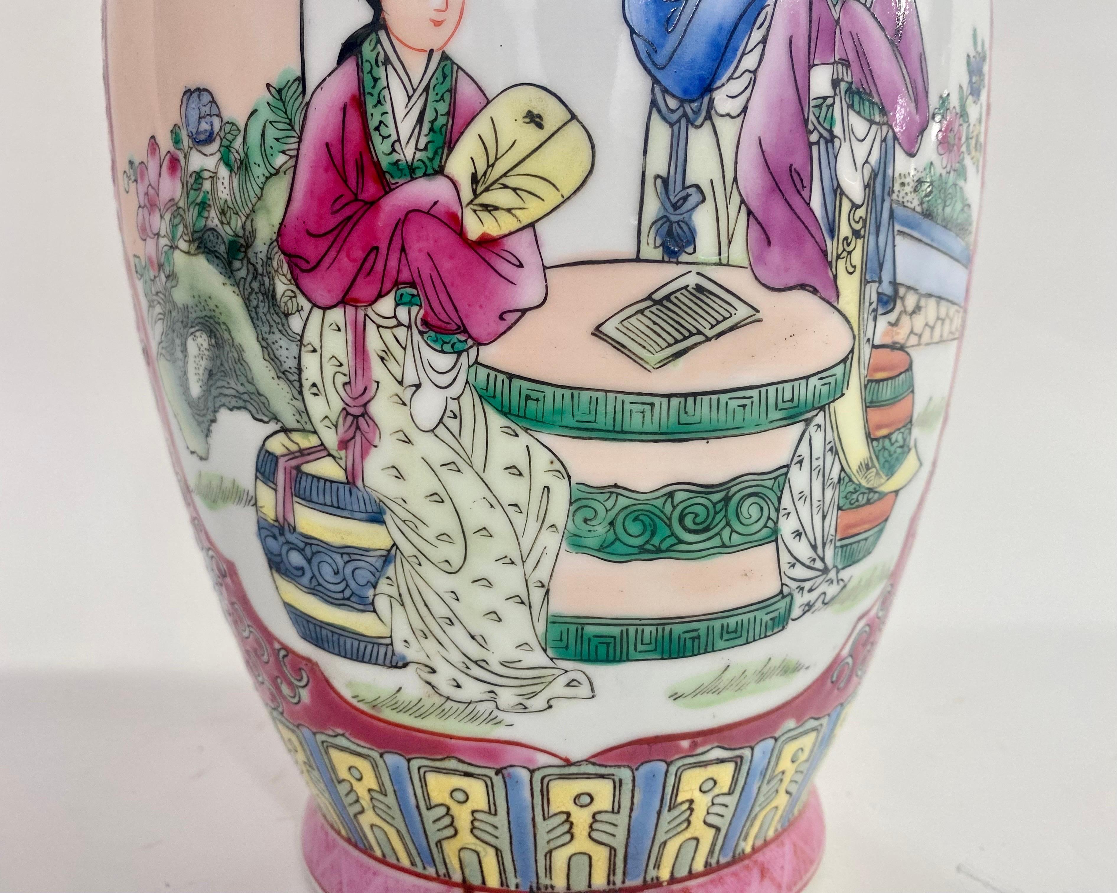 Vintage Oriental Ceramic Vase with Ladies in the Garden Design For Sale 8
