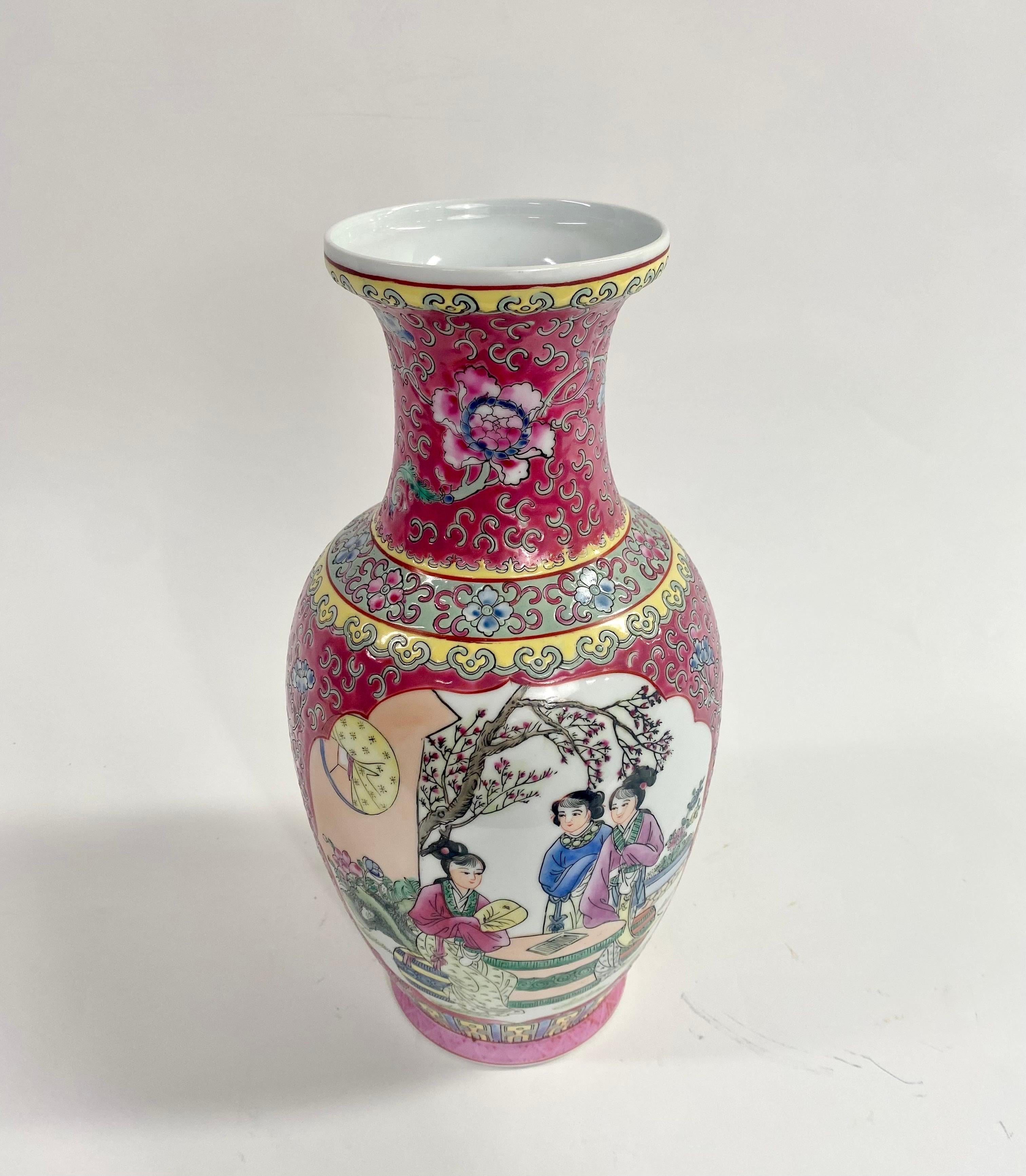 Vintage Oriental Ceramic Vase with Ladies in the Garden Design For Sale 2