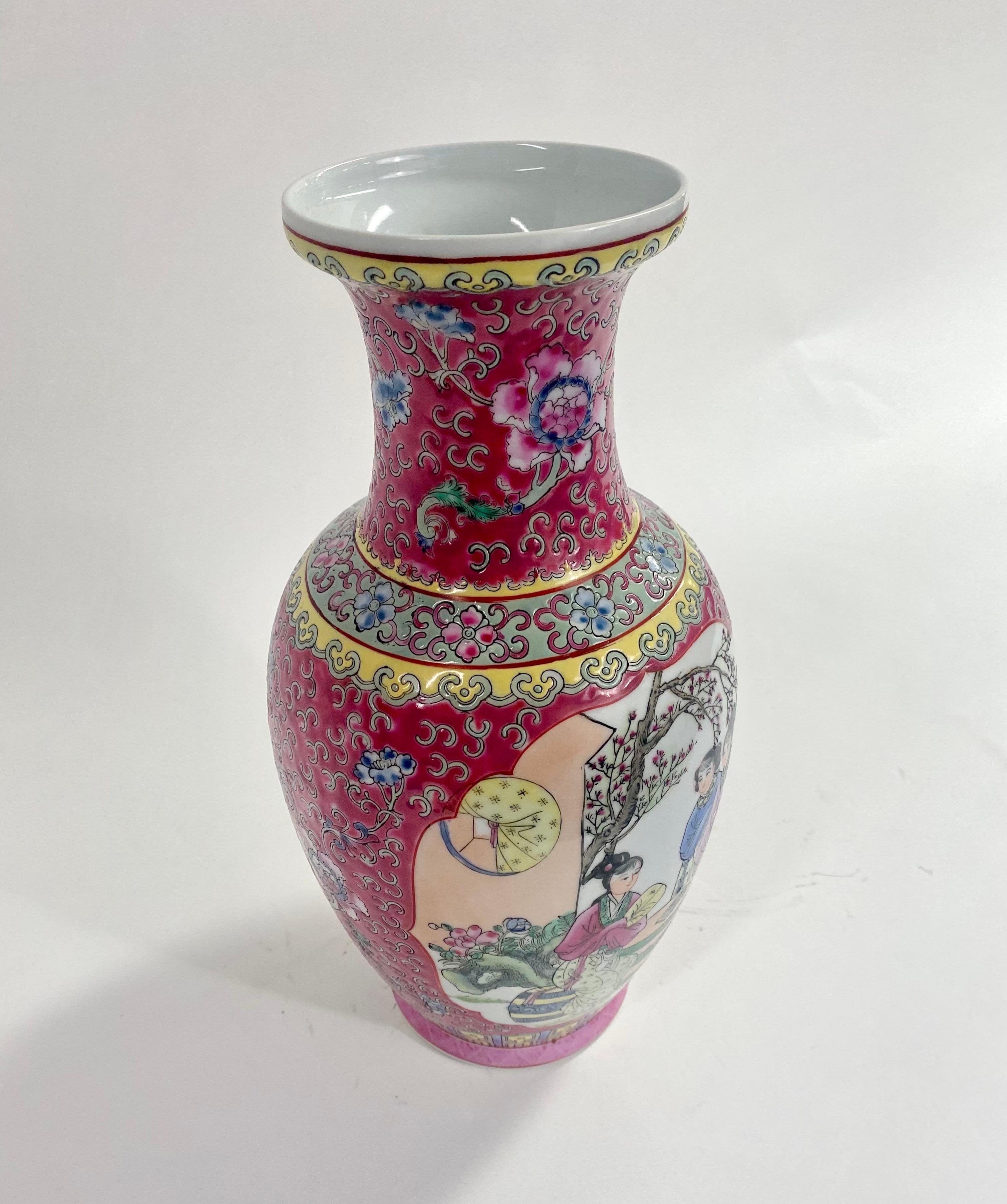 Vintage Oriental Ceramic Vase with Ladies in the Garden Design For Sale 4