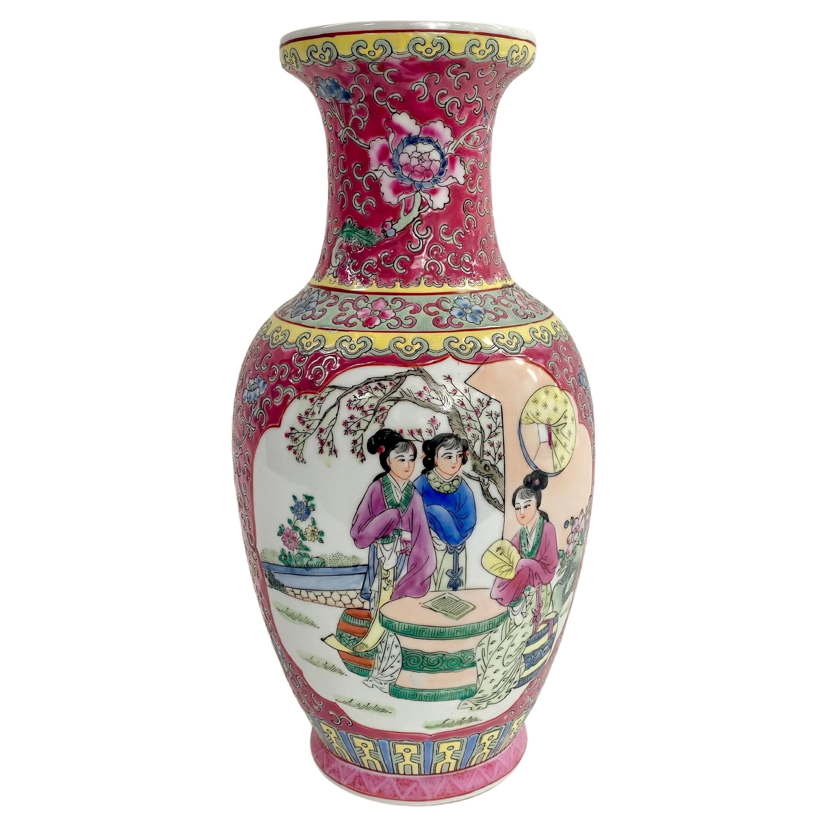 Vintage Oriental Ceramic Vase with Ladies in the Garden Design For Sale