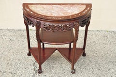 Vintage Oriental Chinese Carved Hardwood Demilune Marble Top Console Hall Table
