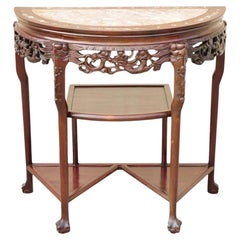 Vintage Oriental Chinese Carved Hardwood Demilune Marble Top Console Hall Table