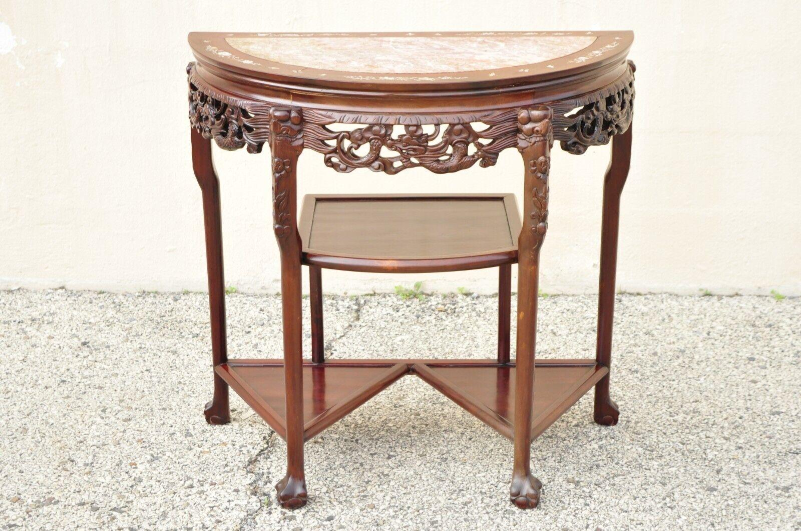 Vintage Oriental Chinese Carved Hardwood Demilune Marble Top Console Table For Sale 4