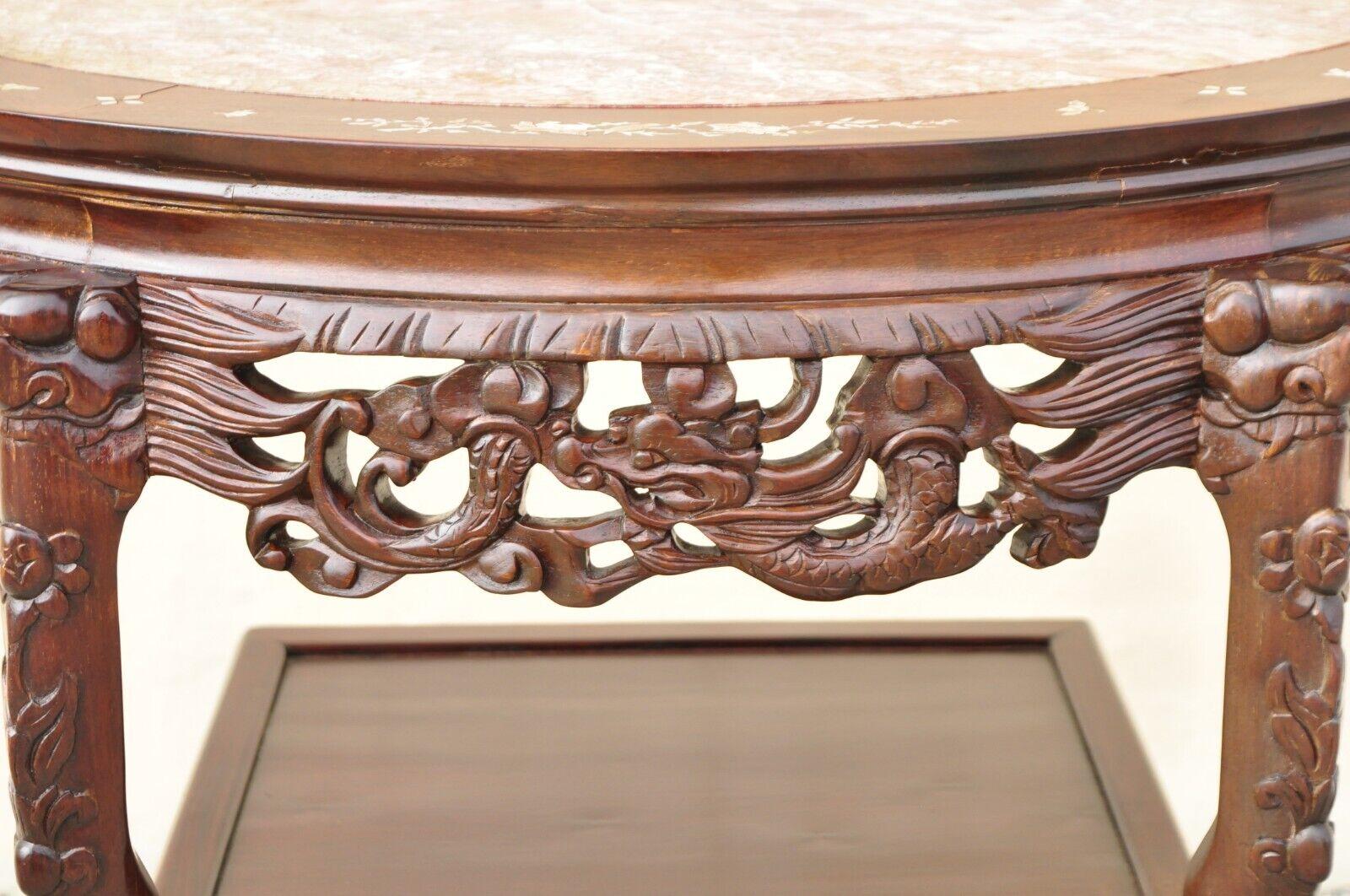 Vieille table console chinoise orientale en bois dur sculpté avec plateau en marbre Demilune Bon état - En vente à Philadelphia, PA