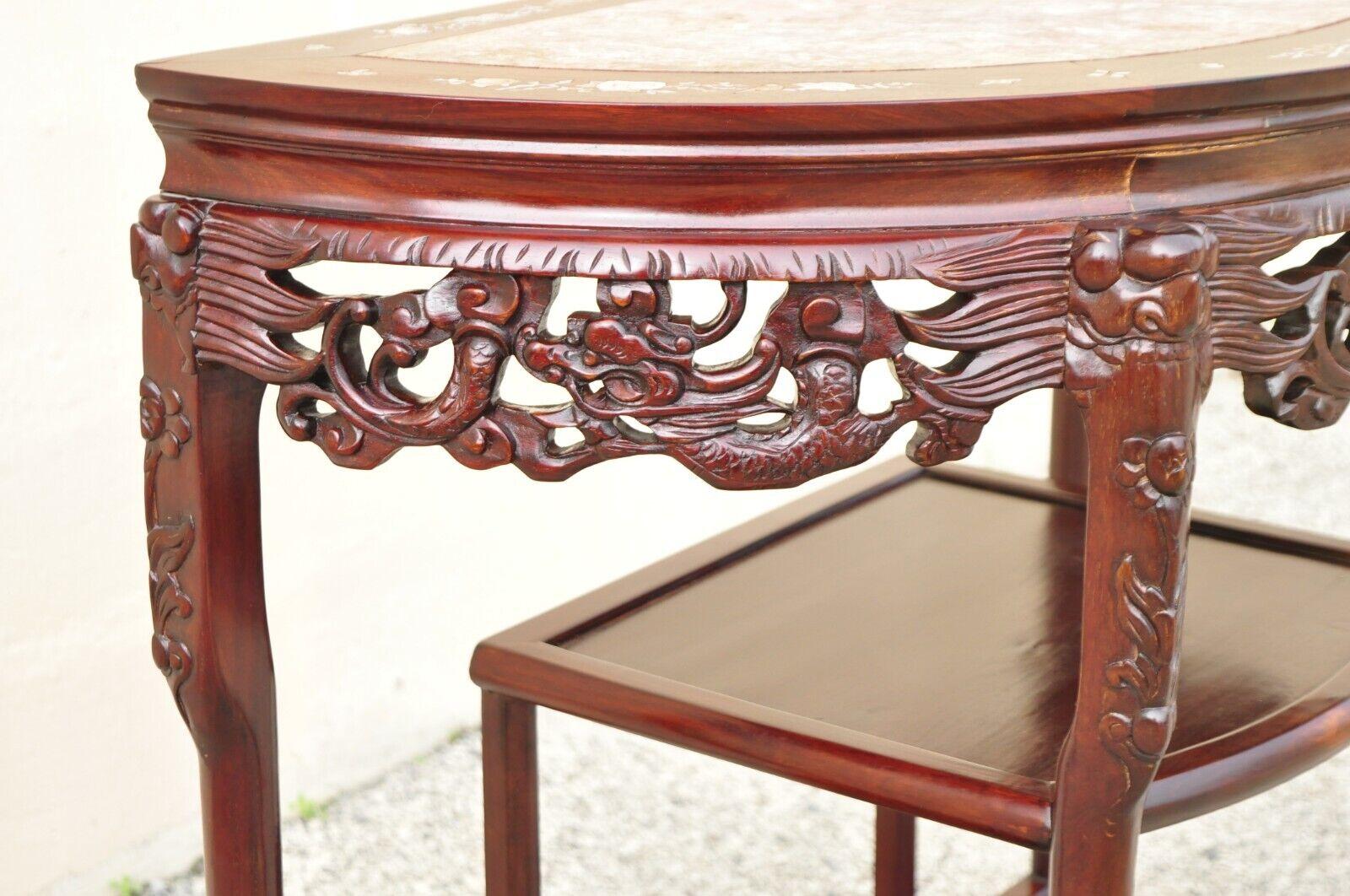 Marbre Vieille table console chinoise orientale en bois dur sculpté avec plateau en marbre Demilune en vente