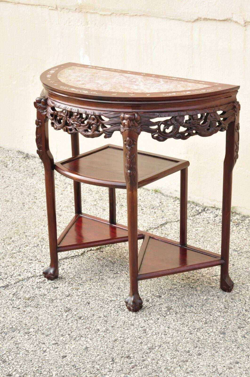 Vintage Oriental Chinese Carved Hardwood Demilune Marble Top Console Table In Good Condition For Sale In Philadelphia, PA