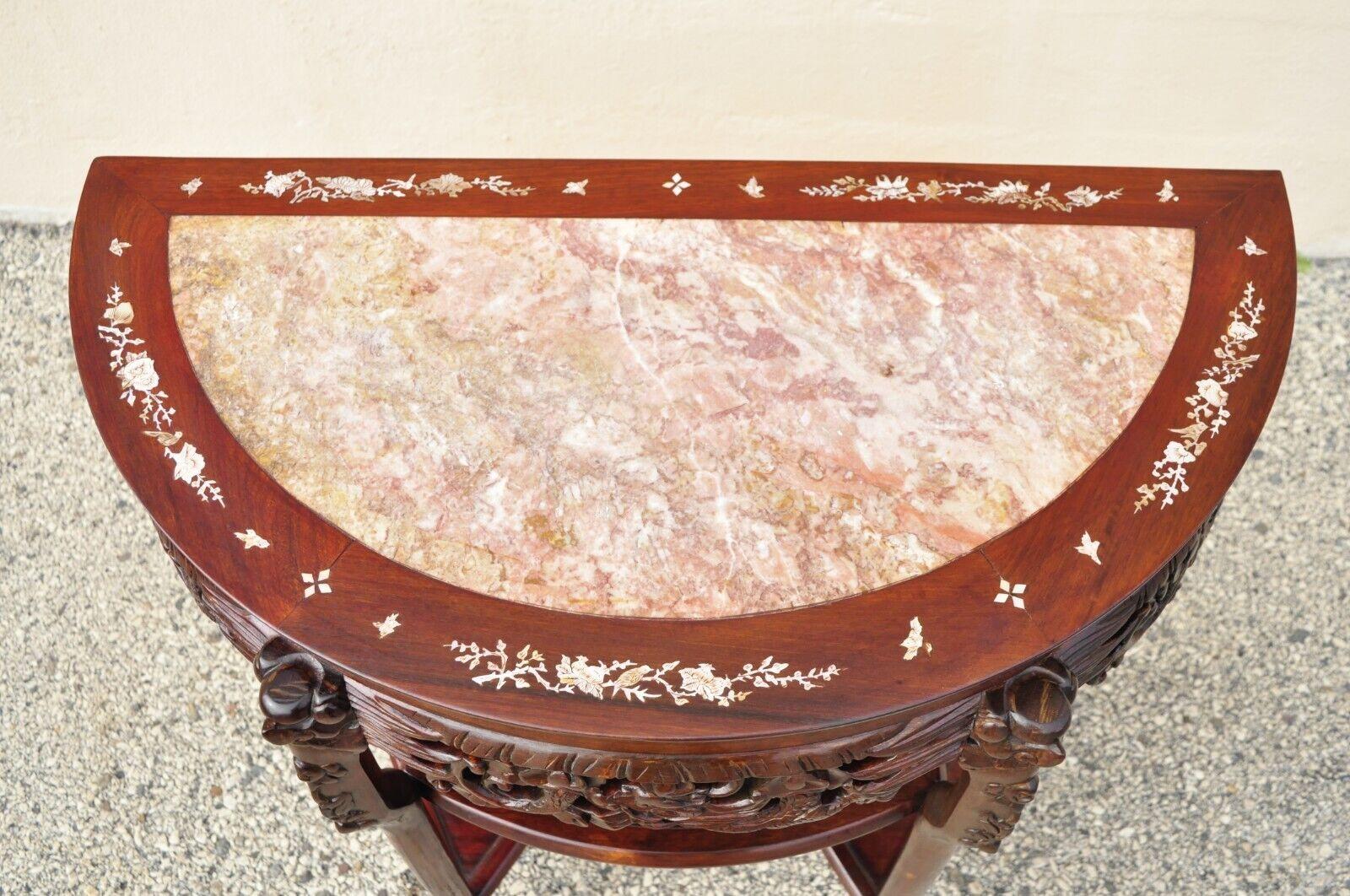 20th Century Vintage Oriental Chinese Carved Hardwood Demilune Marble Top Console Table For Sale