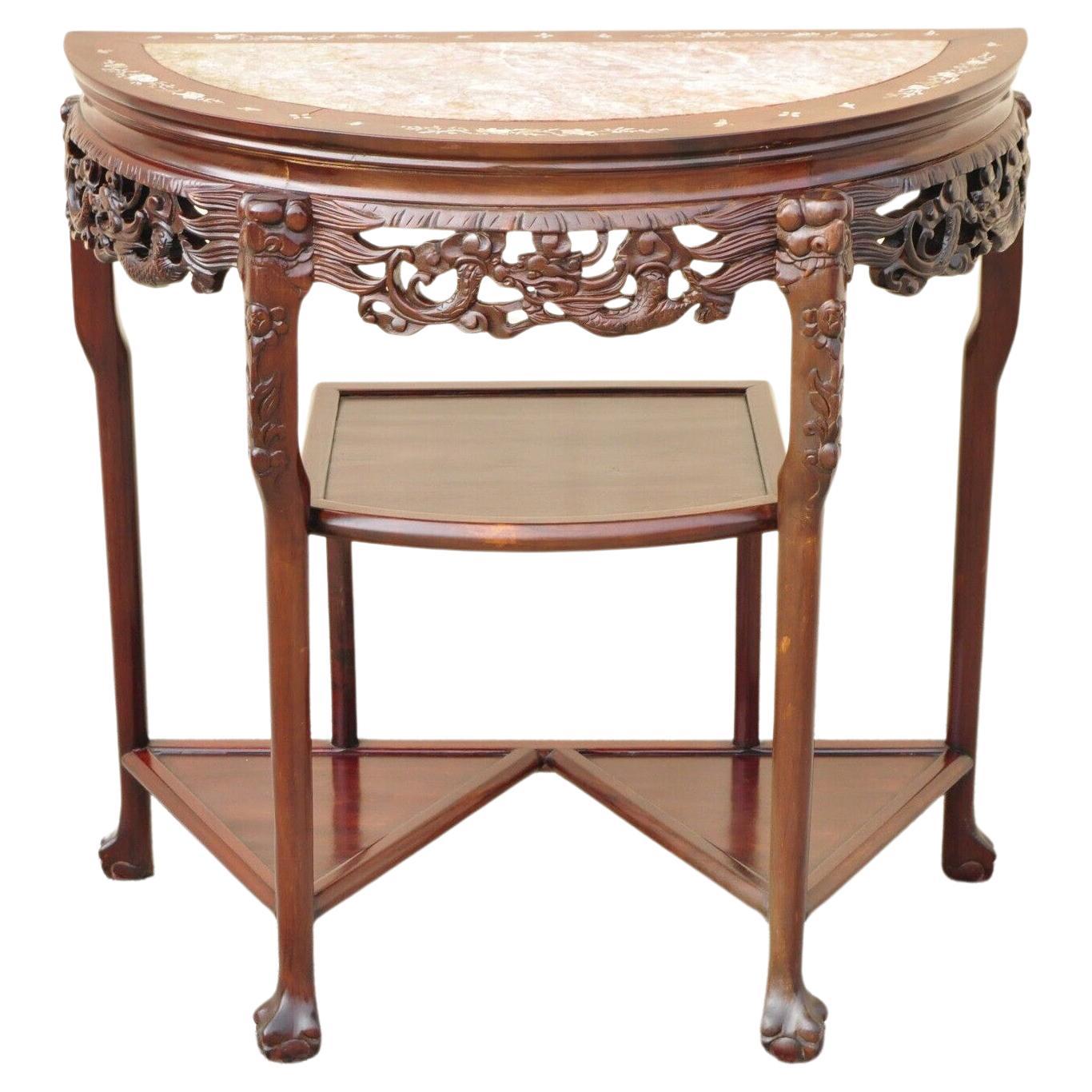 Vintage Oriental Chinese Carved Hardwood Demilune Marble Top Console Table For Sale