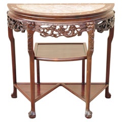 Retro Oriental Chinese Carved Hardwood Demilune Marble Top Console Table