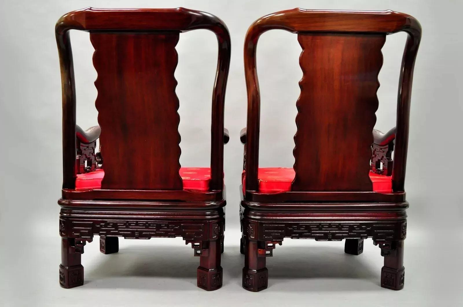 Vintage Oriental Chinese Carved Wood Throne Lounge Chairs w/ Pearl Inlay - Pair For Sale 3