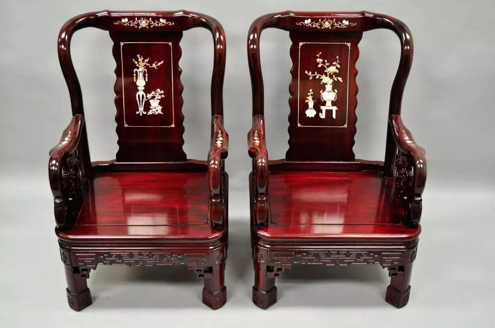 Vintage Oriental Chinese Carved Wood Throne Lounge Chairs w/ Pearl Inlay - Pair For Sale 5
