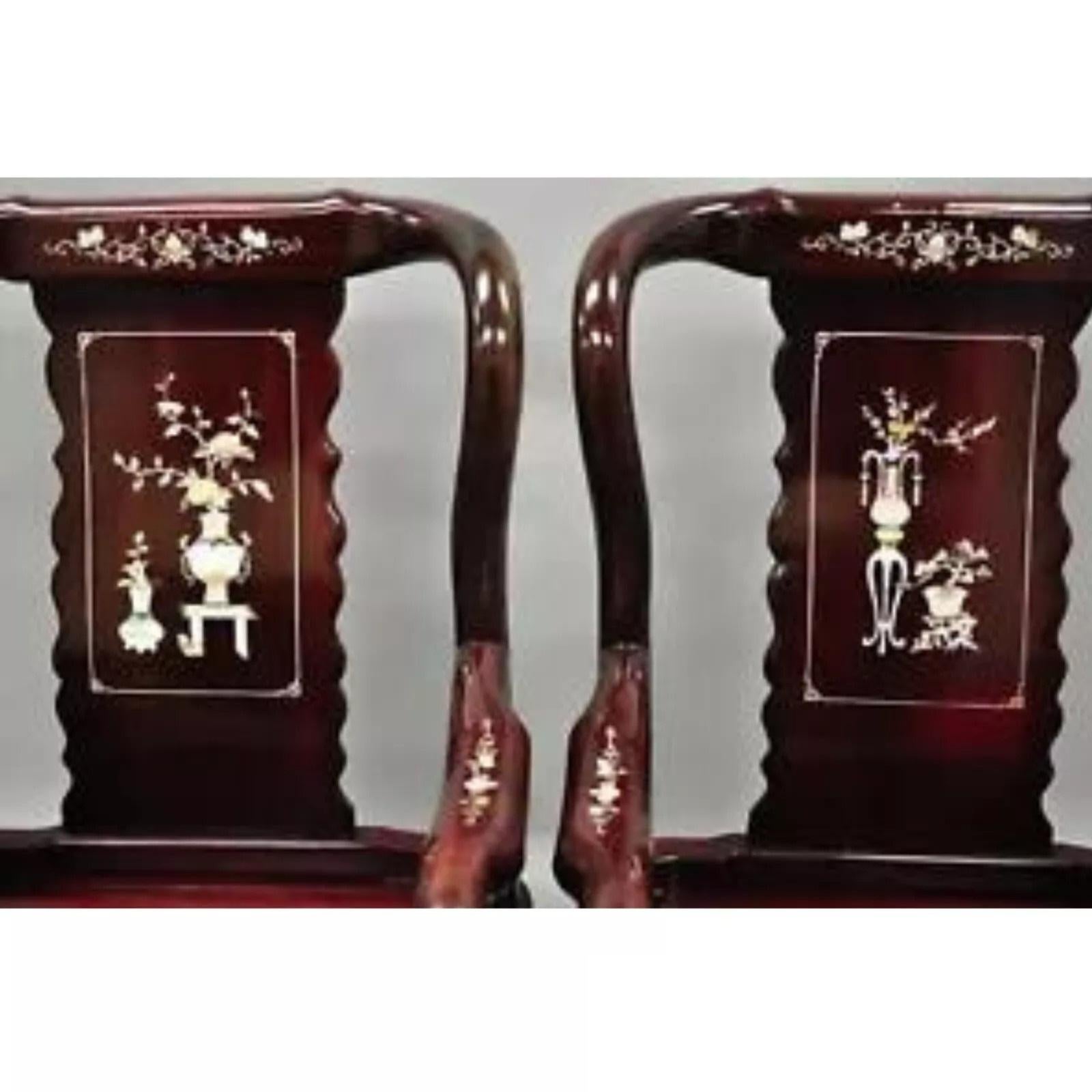 Chinoiserie Vintage Oriental Chinese Carved Wood Throne Lounge Chairs w/ Pearl Inlay - Pair For Sale