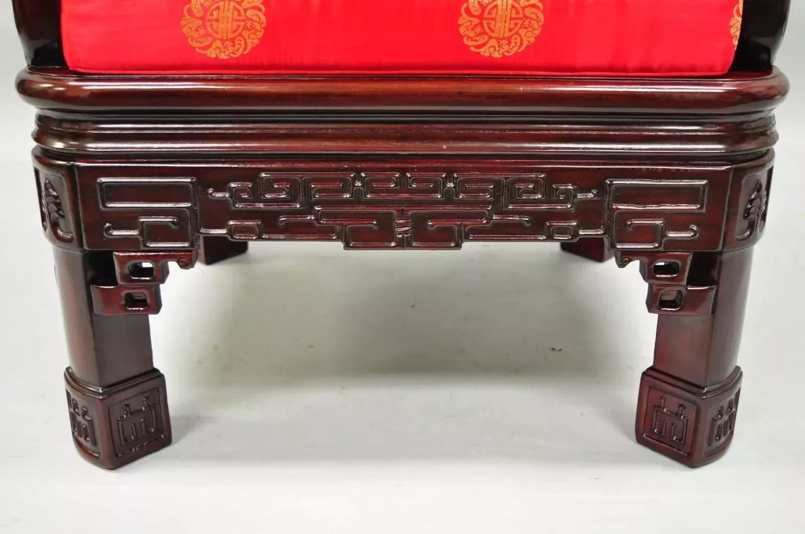 Vintage Oriental Chinese Carved Wood Throne Lounge Chairs w/ Pearl Inlay - Pair In Good Condition For Sale In Philadelphia, PA