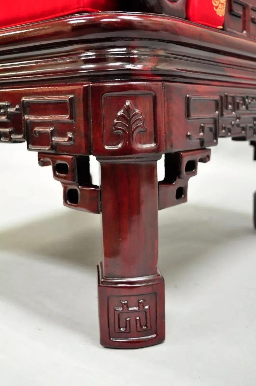 20th Century Vintage Oriental Chinese Carved Wood Throne Lounge Chairs w/ Pearl Inlay - Pair For Sale