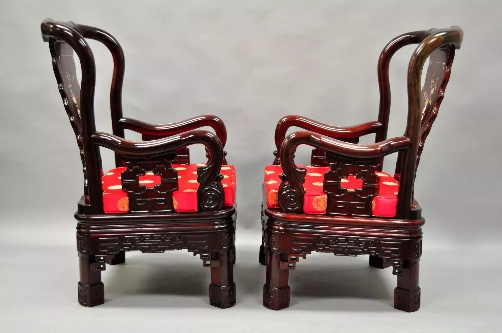 Fabric Vintage Oriental Chinese Carved Wood Throne Lounge Chairs w/ Pearl Inlay - Pair For Sale