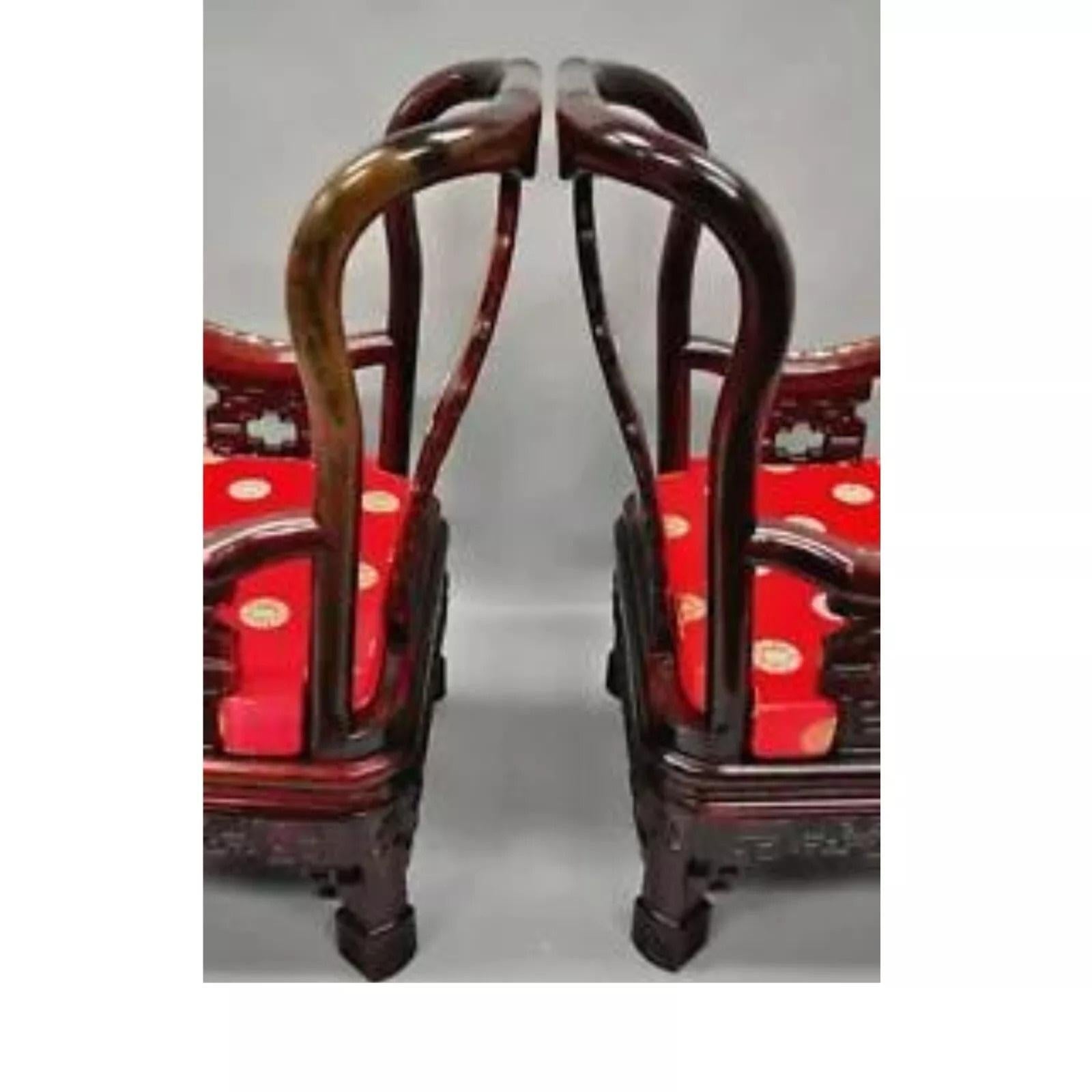 Vintage Oriental Chinese Carved Wood Throne Lounge Chairs w/ Pearl Inlay - Pair For Sale 1