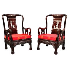 Vintage Oriental Chinese Carved Wood Throne Lounge Chairs w/ Pearl Inlay - Pair