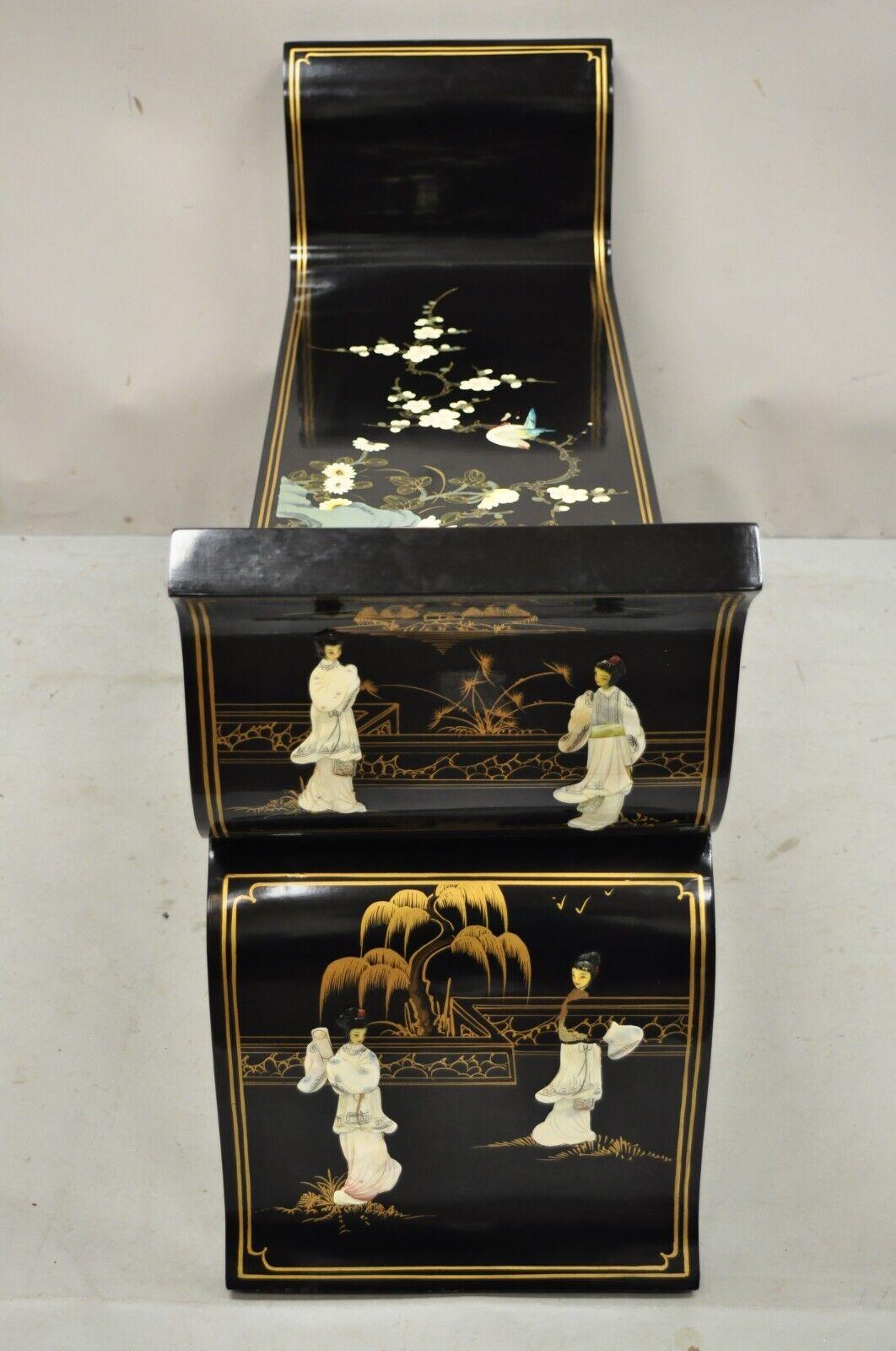 Vintage Oriental Chinoisere Black Lacquer Window Bench Soapstone Figures In Good Condition In Philadelphia, PA