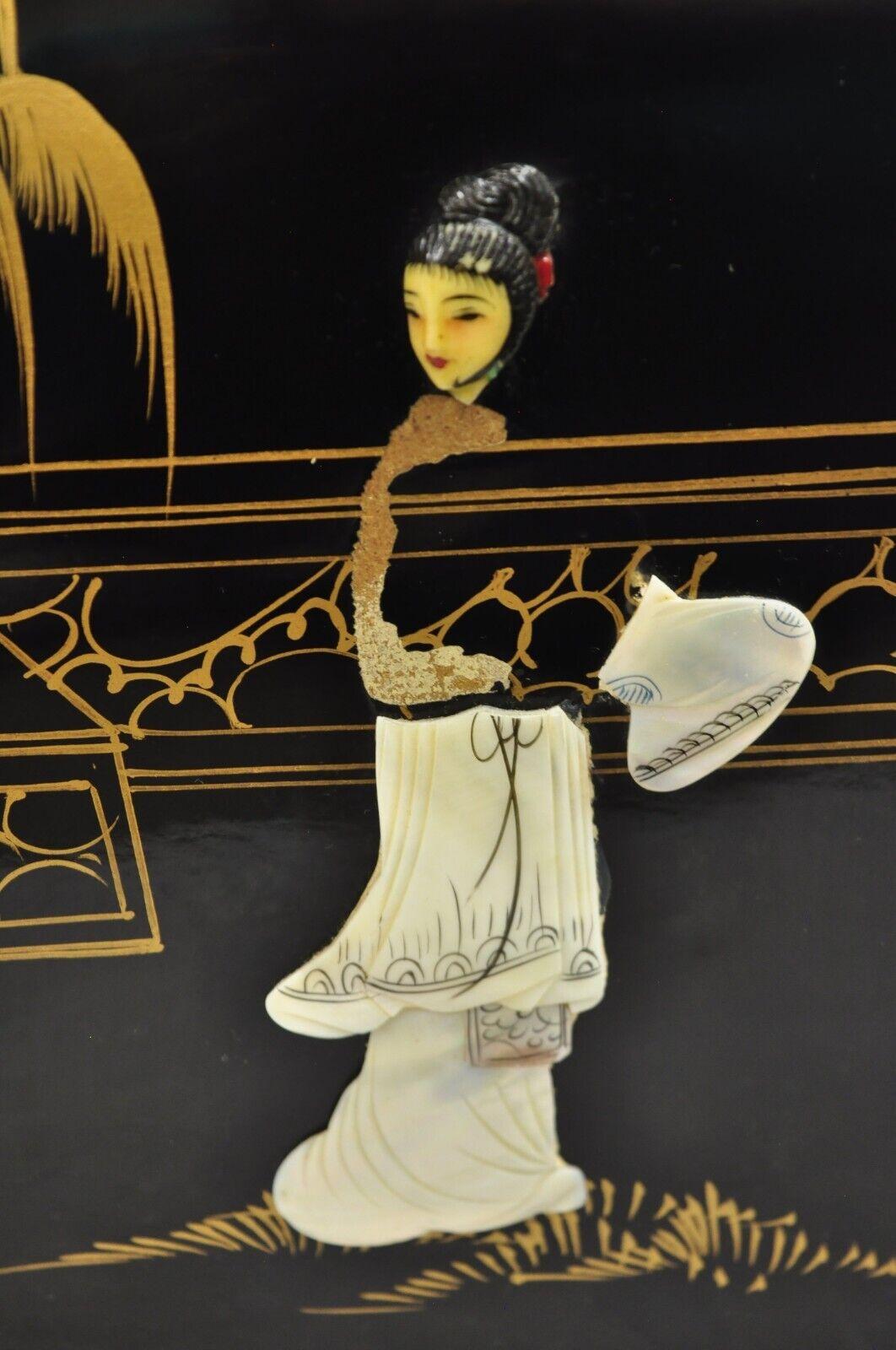 20th Century Vintage Oriental Chinoisere Black Lacquer Window Bench Soapstone Figures