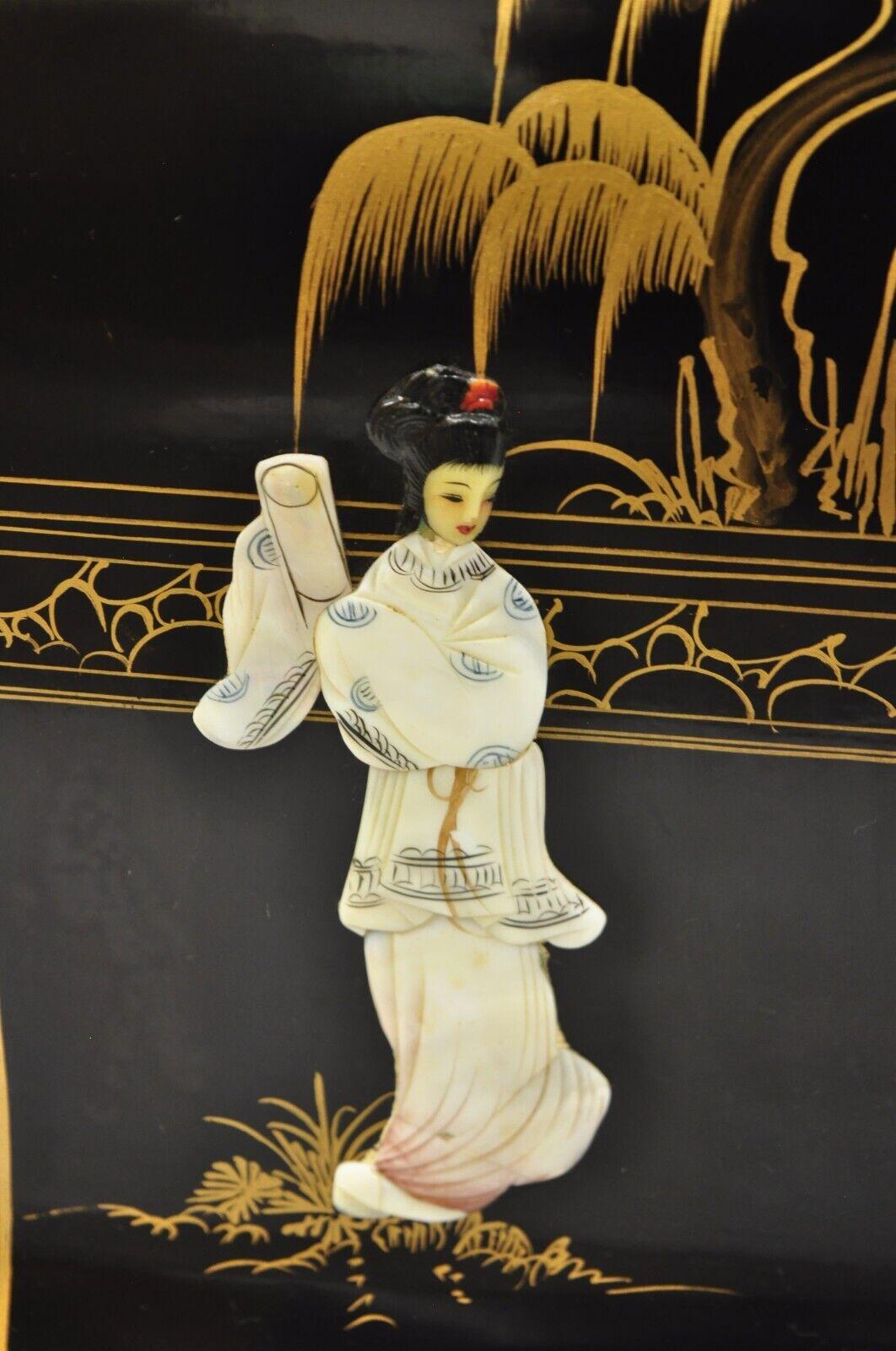 Vintage Oriental Chinoisere Black Lacquer Window Bench Soapstone Figures 1