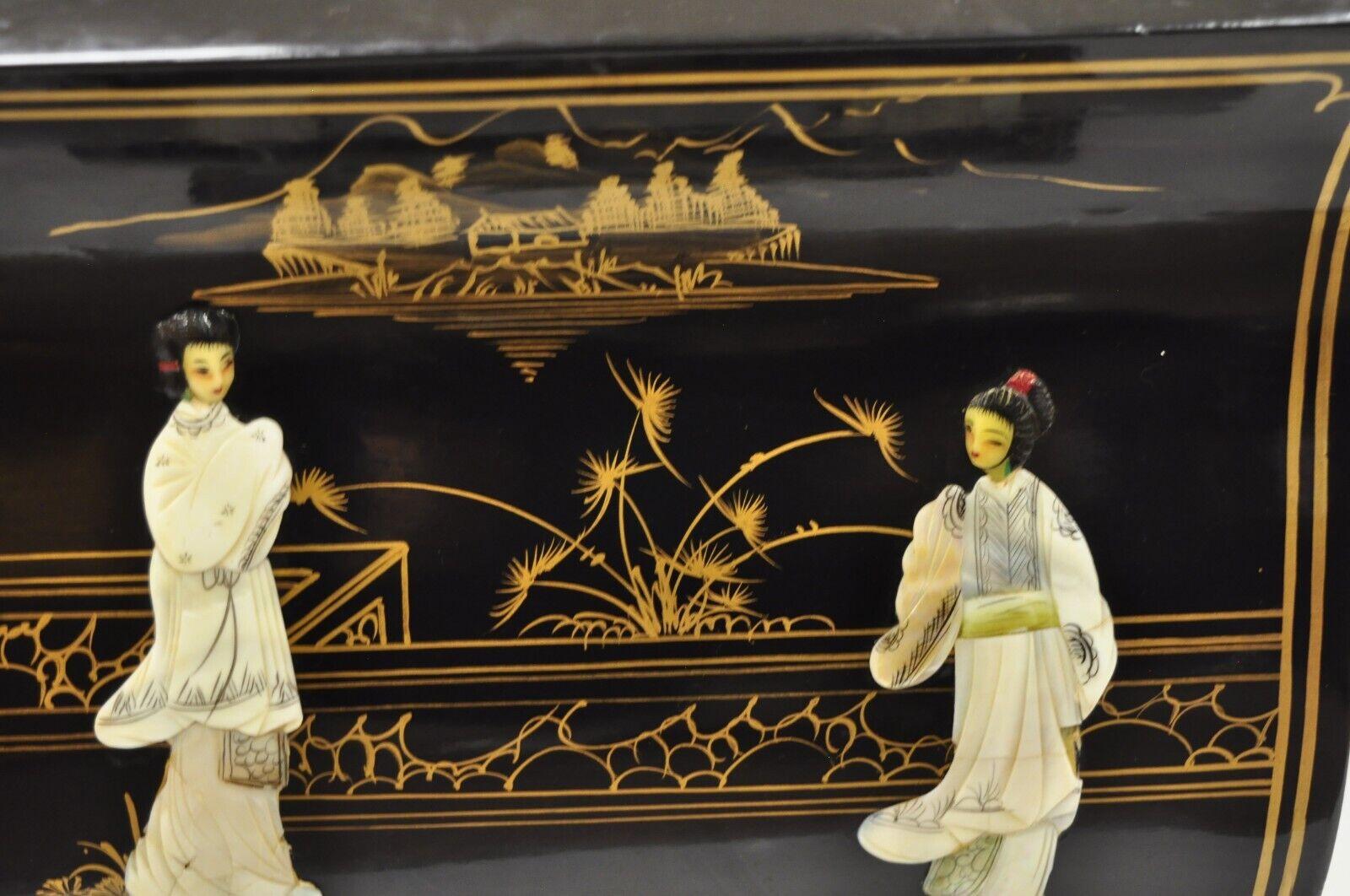 Vintage Oriental Chinoisere Black Lacquer Window Bench Soapstone Figures 2