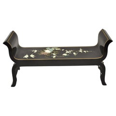 Retro Oriental Chinoisere Black Lacquer Window Bench Soapstone Figures